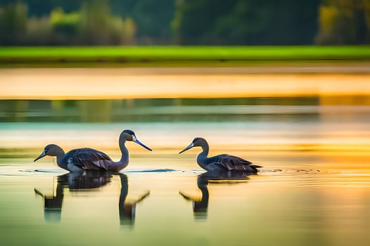 three birds swimming in the water at sunset. AI-Generated photo