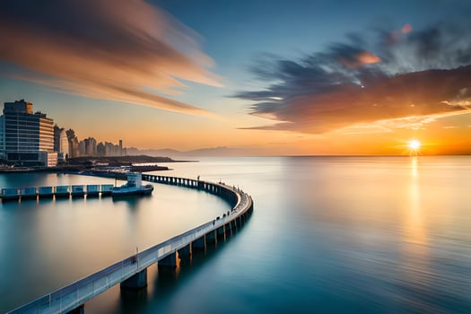 a long exposure photo of a pier in the ocean. AI-Generated