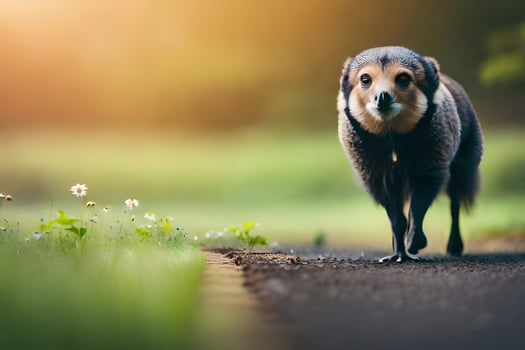 a dog walking on a road with grass and flowers. AI-Generated photo