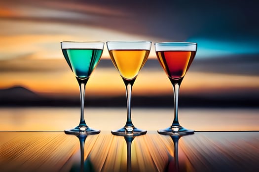 three glasses of colored drinks on a table. AI-Generated photo