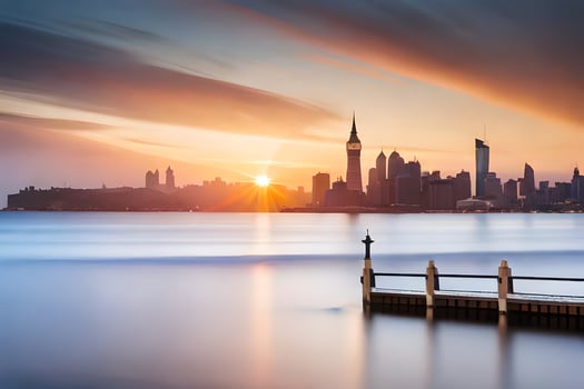 the sun rises over the city skyline in this photo. AI-Generated photo