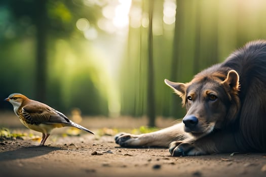 a dog and a bird in the forest. AI-Generated photo