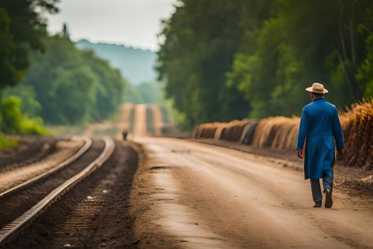 a man in a blue coat and hat walks down a road. AI-Generated photo