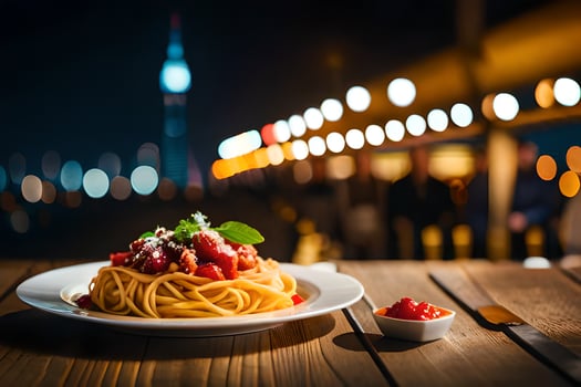 spaghetti with tomato sauce and basil on a plate. AI-Generated photo