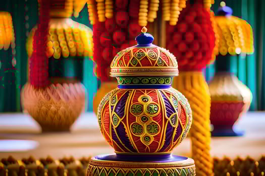 colorful vases are on display in a room. AI-Generated photo
