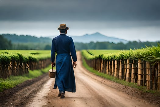 a man in a blue dress walking down a dirt road. AI-Generated photo