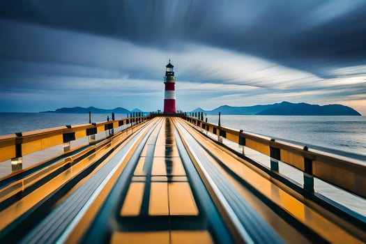 a long exposure photo of a lighthouse on a pier. AI-Generated