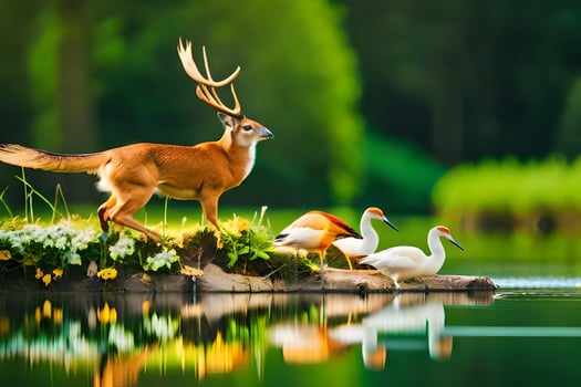 deer and ducks on a lake in the forest. AI-Generated photo