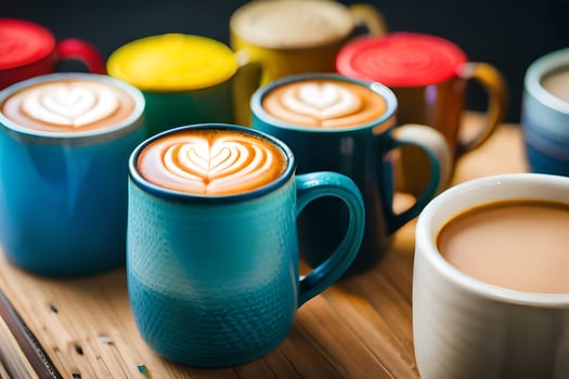 a variety of coffee cups with latte art. AI-Generated photo