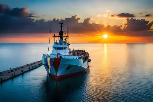 a boat docked at sunset in the ocean. AI-Generated photo