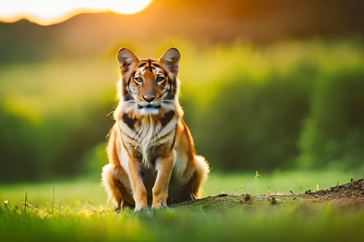 a tiger sitting on the grass in the sun. AI-Generated photo