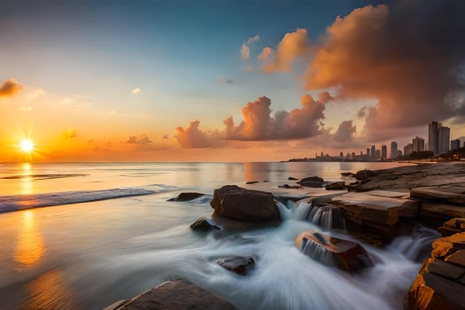 the sun sets over the ocean and rocks in front of a city. AI-Generated photo