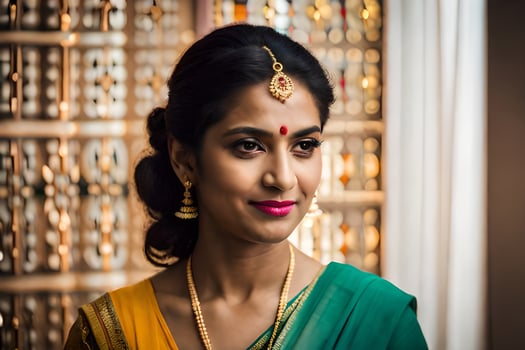 a beautiful indian bride in a green sari. AI-Generated photo