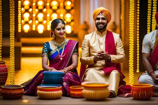 indian wedding couple sitting on floor with pots. AI-Generated photo