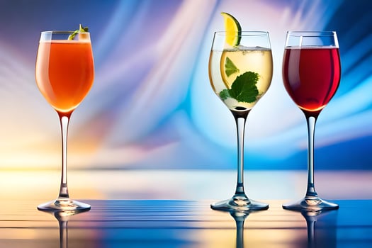 three glasses of different colored drinks on a table. AI-Generated photo