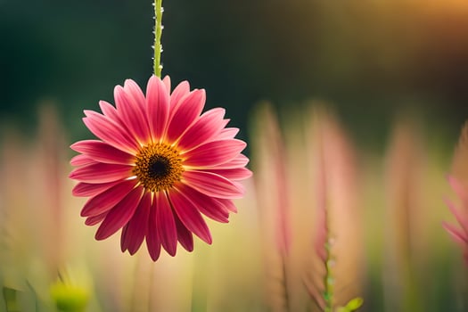 a single pink flower is hanging from a string. AI-Generated photo