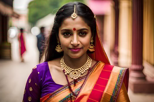 a beautiful indian woman in a colorful sari. AI-Generated photo