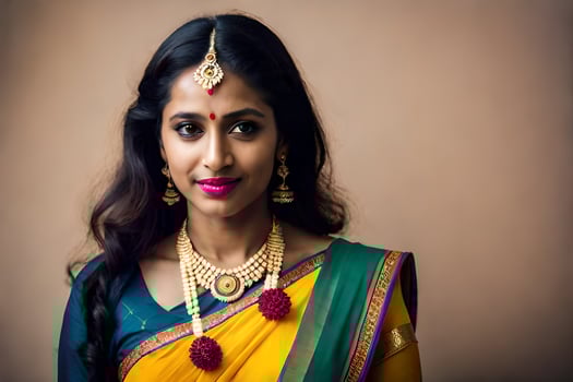 a beautiful indian woman wearing a yellow sari. AI-Generated photo