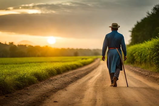 a man walking down a dirt road with a cane. AI-Generated photo