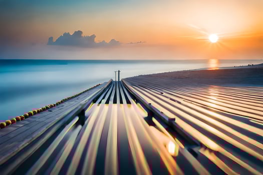 a long exposure photograph of the sun setting over the ocean. AI-Generated photo