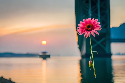 a pink flower is standing in front of a bridge. AI-Generated photo