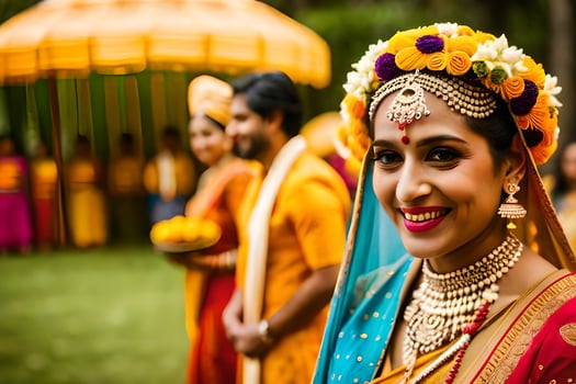 a woman in traditional indian attire smiles for the camera. AI-Generated photo