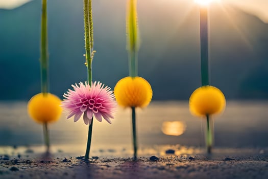 four flowers are standing in the water with the sun shining. AI-Generated photo