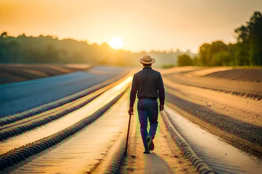 a man walking down a road with a cane. AI-Generated photo