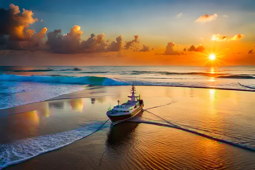 a boat on the beach at sunset. AI-Generated photo
