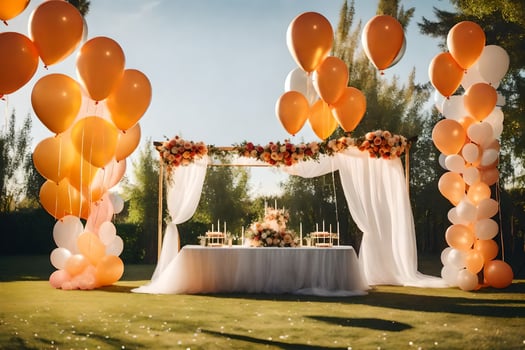 an outdoor wedding with orange balloons and white drapes. AI-Generated photo