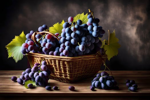 grapes photograph still life of grapes in a basket by person. AI-Generated photo