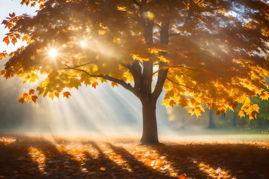 sunbeams shine through the leaves of an autumn tree. AI-Generated photo