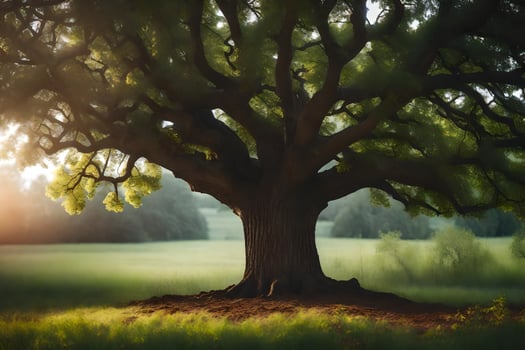 the sun shines through the leaves of an oak tree. AI-Generated photo