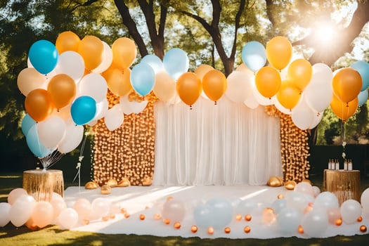 a wedding backdrop with balloons and gold and blue decorations. AI-Generated photo