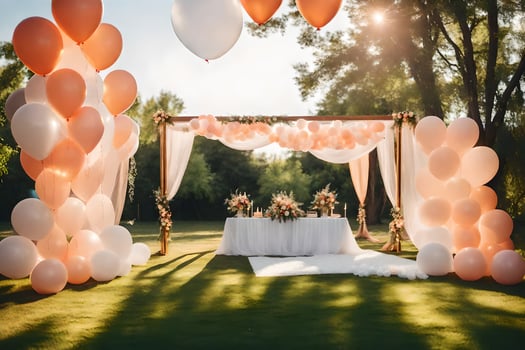 a wedding ceremony with balloons and white and pink decorations. AI-Generated photo