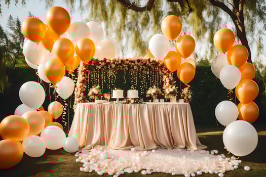 an outdoor wedding with orange and white balloons. AI-Generated photo