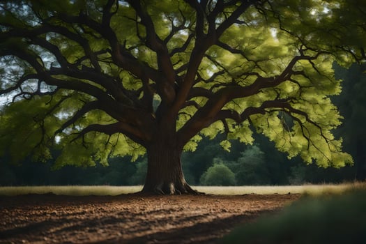 an oak tree in a field with a dark sky. AI-Generated photo