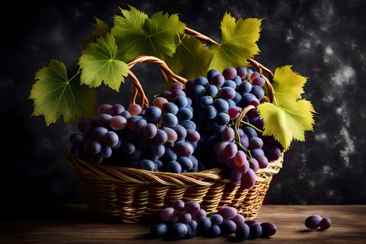 grapes in a basket on a dark background. AI-Generated photo