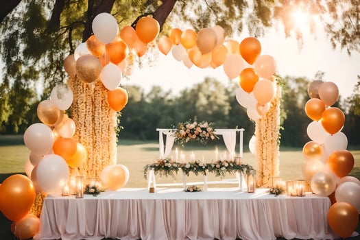 an outdoor wedding arch with white and gold balloons. AI-Generated photo