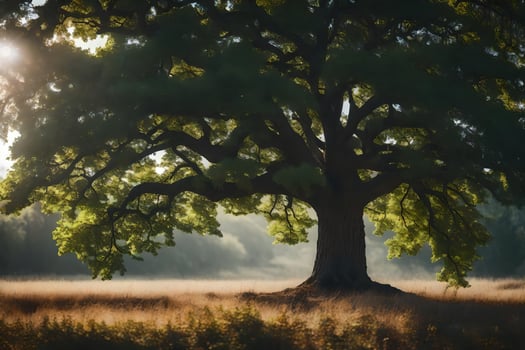 an oak tree in the middle of a field. AI-Generated photo