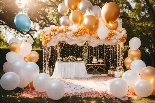 a wedding ceremony with balloons and gold and white decorations. AI-Generated photo