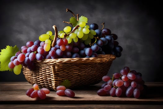 grapes in a basket on a dark background. AI-Generated photo