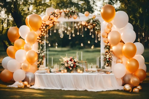a wedding reception table with gold balloons and white flowers. AI-Generated photo