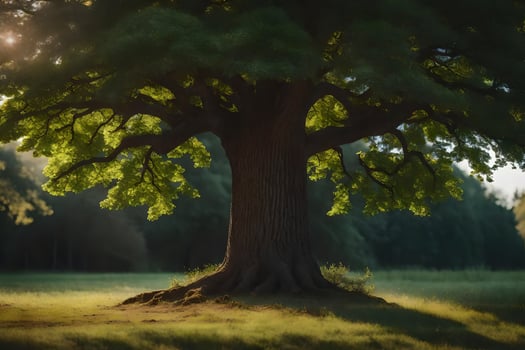 the sun shines through the leaves of a large tree. AI-Generated photo