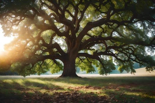 the sun shines through the leaves of an oak tree. AI-Generated photo