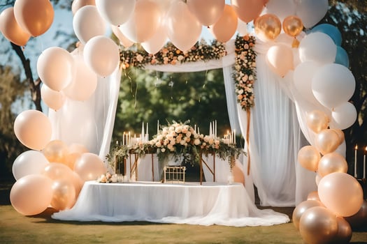 a wedding arch with white and gold balloons. AI-Generated photo