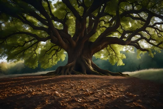 an old oak tree is shown in a field. AI-Generated photo