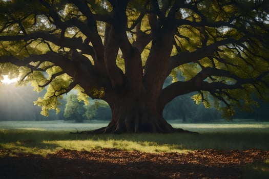the sun shines through the leaves of an old oak tree. AI-Generated photo