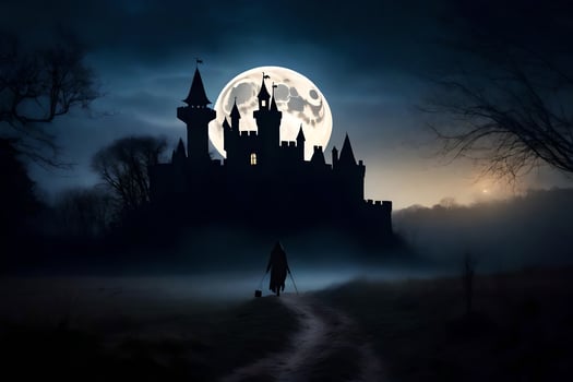 a man walking in front of a castle at night. AI-Generated photo