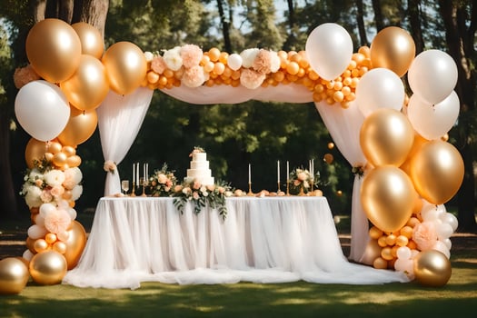 wedding decoration with gold balloons and white tulle. AI-Generated photo